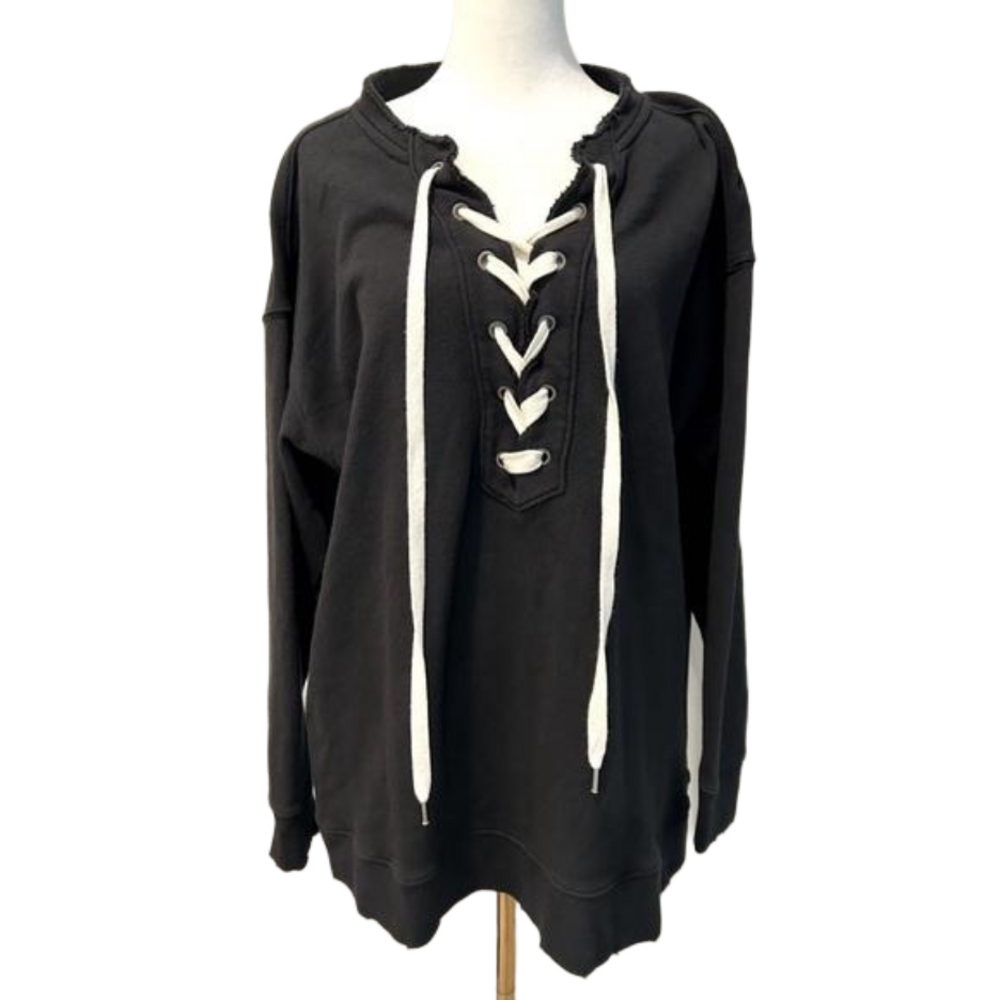 Aerie Lace Up Oversized Sweatshirt in Black Size Small